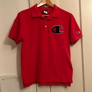 ✅ CHAMPION Embroidered Logo Patch Polo Collared Short Sleeve Shirt 💯 Cotton Red